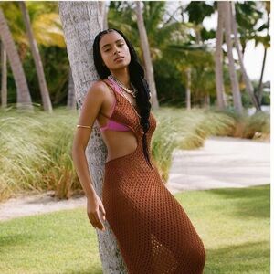 Savannah Morrow Anthropologie Tiva Dress Crochet Knit Maxi Terra Cotta Brown